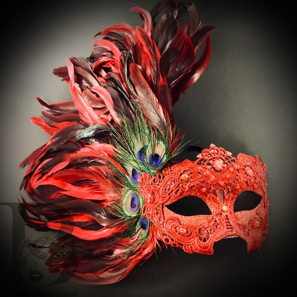 Beyond Masquerade Accessories Red Venice Carnival Feather Peacock Party Mask Poshmark